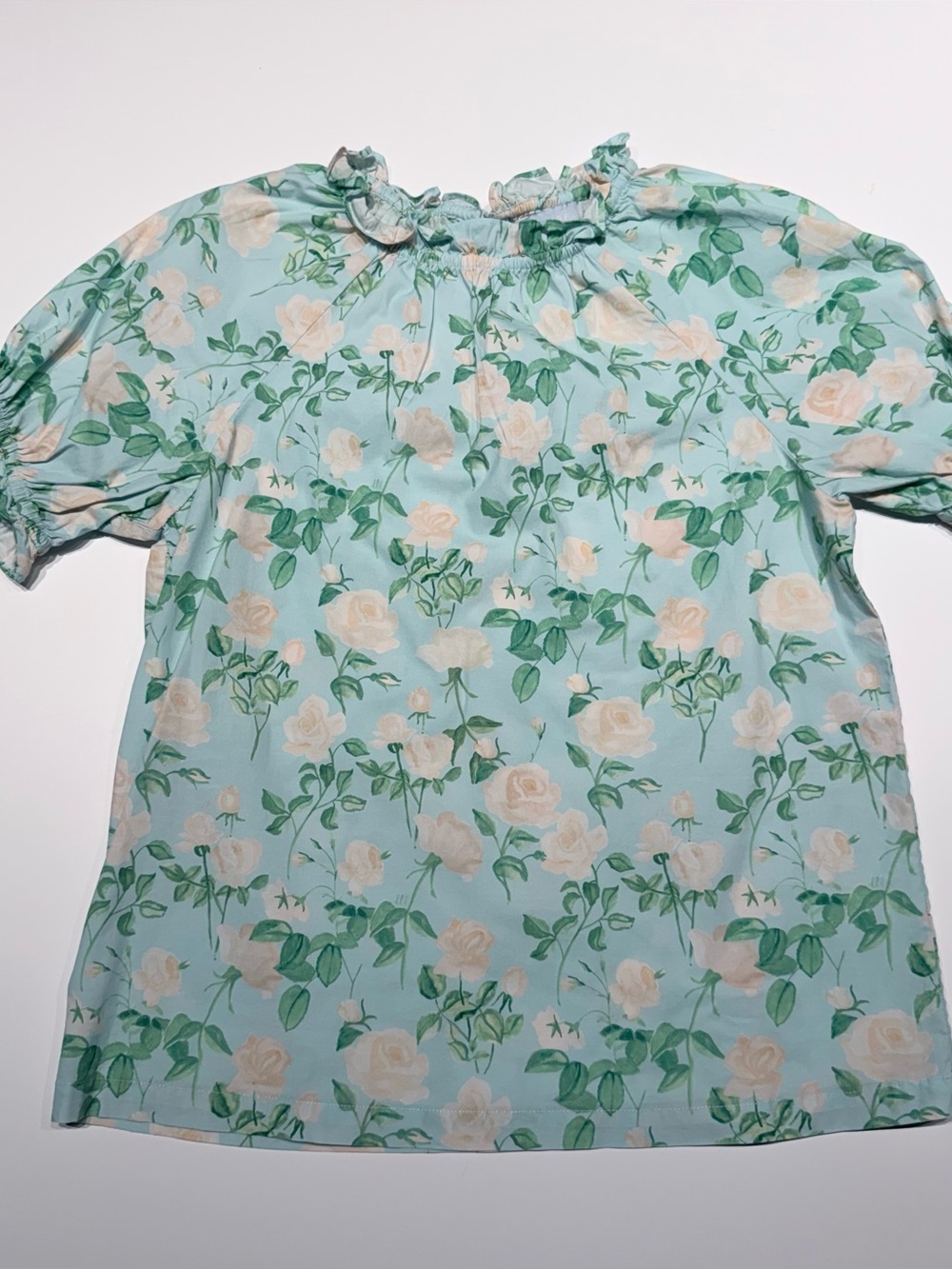 Hill House Floral Ruffle Neck Blouse - Light Blue with Cream Roses